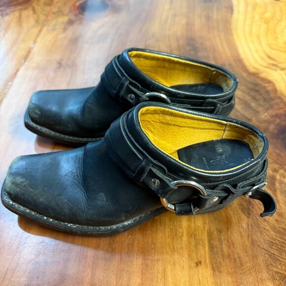 Frye Biker Women's Boots 9 M Harness Slip On Leather Black Mule Distressed Shoe - Picture 1 of 10
